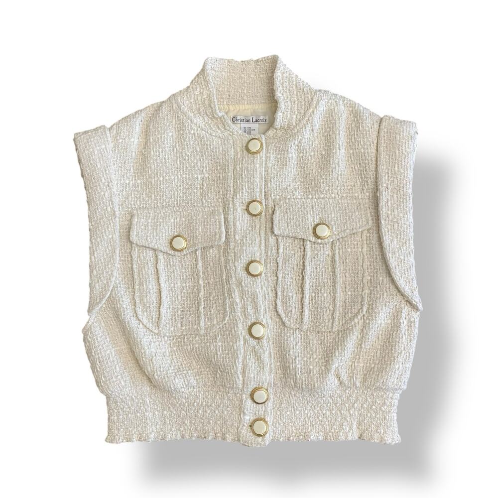 Christian Lacroix Cream Boucle Tweed Sleeveless Button Front Vest Size XXS